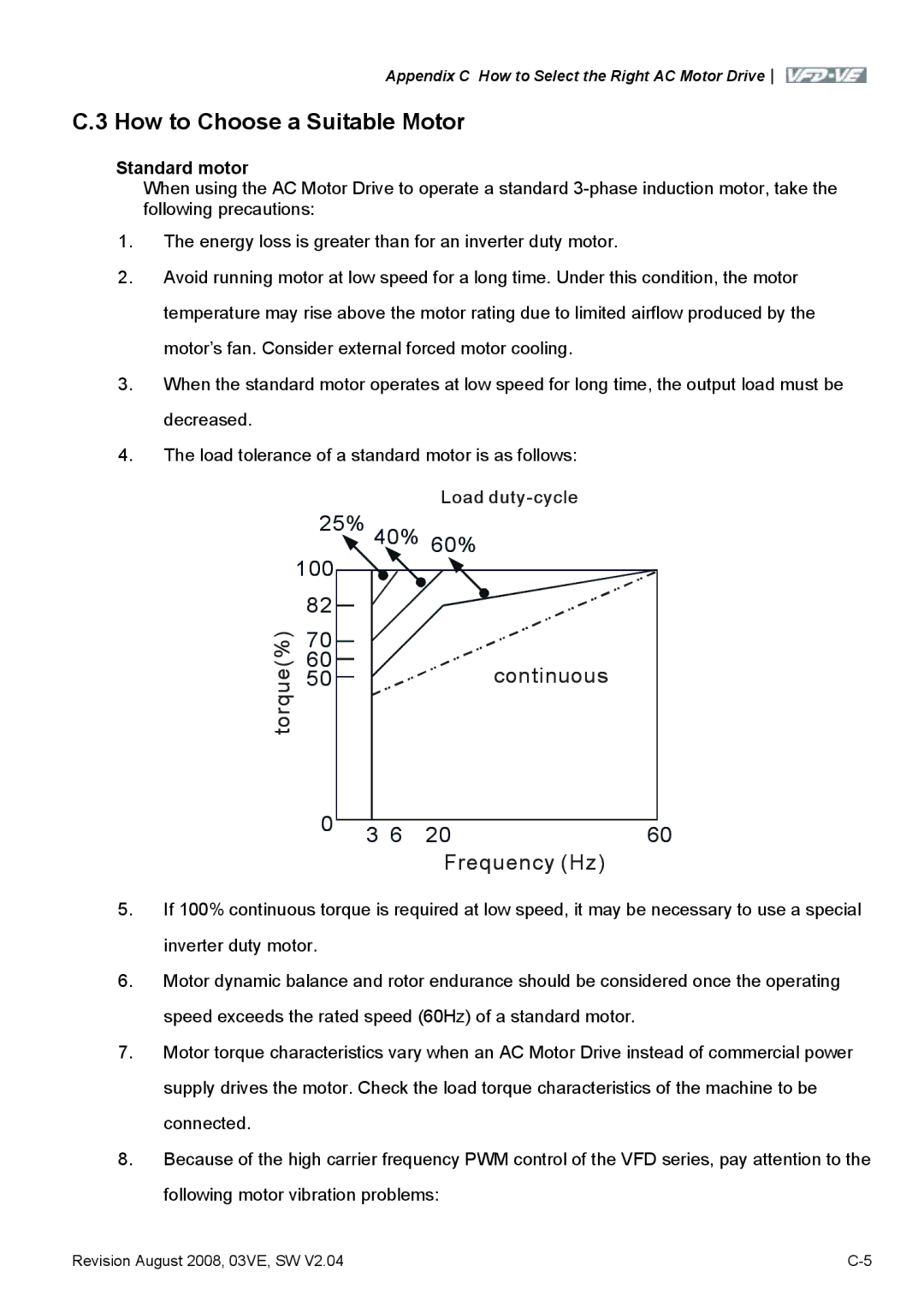 Delta Electronics VFD-VE Series manual How to Choose a Suitable Motor, Standard motor 