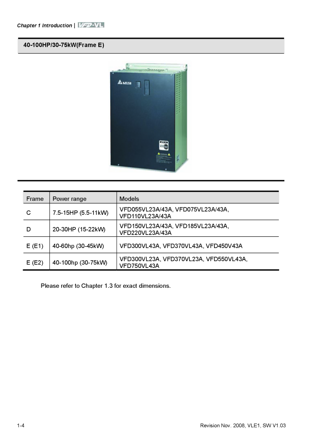 Delta Electronics VFD-VL manual 40-100HP/30-75kWFrame E, VFD750VL43A, Please refer to .3 for exact dimensions 