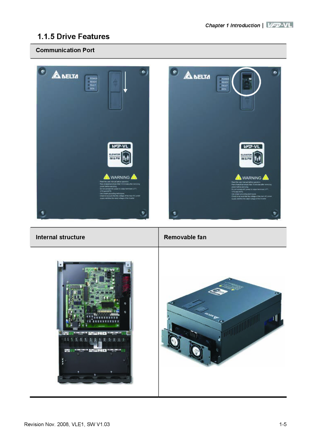 Delta Electronics VFD-VL manual Drive Features, Communication Port Internal structure Removable fan 