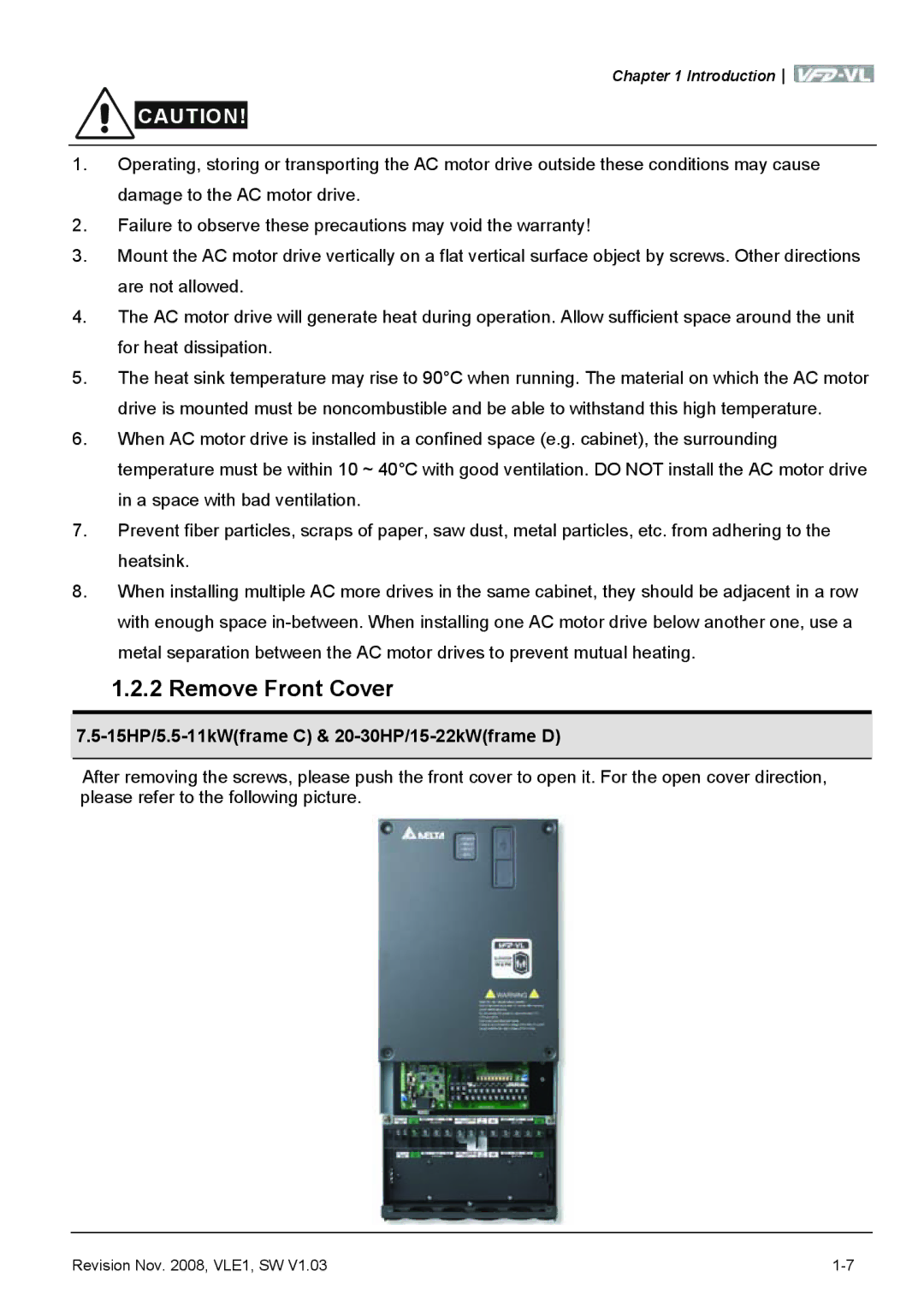 Delta Electronics VFD-VL manual Remove Front Cover, 15HP/5.5-11kWframe C & 20-30HP/15-22kWframe D 