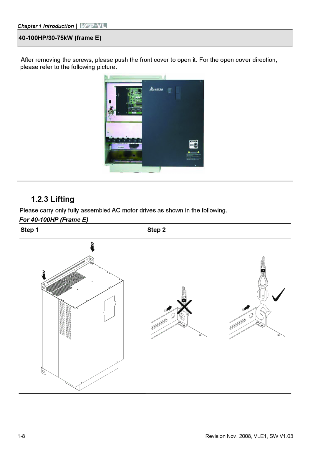 Delta Electronics VFD-VL manual Lifting, 40-100HP/30-75kW frame E, Step 