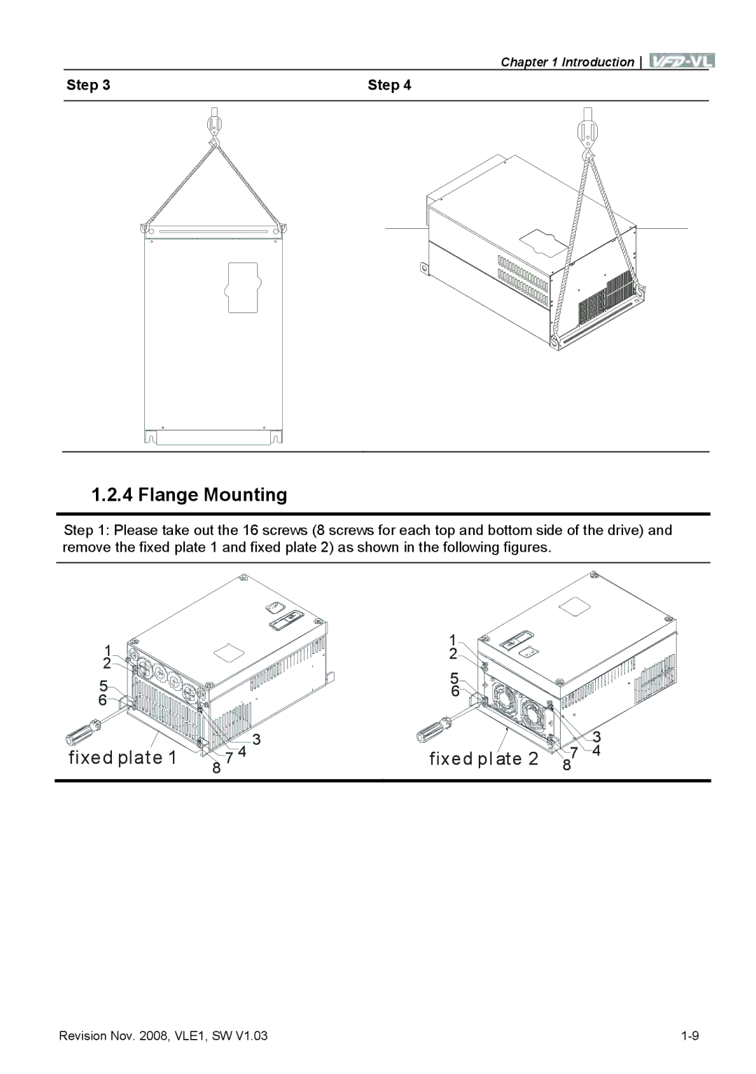 Delta Electronics VFD-VL manual Flange Mounting, Fixed plate Fixed pl ate 