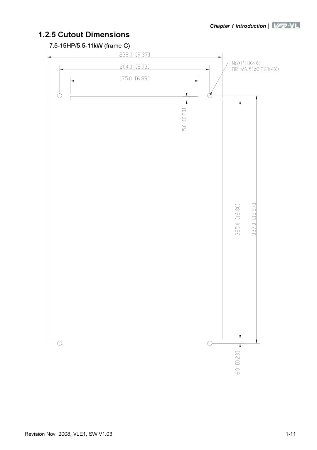 Delta Electronics VFD-VL manual Cutout Dimensions, 15HP/5.5-11kW frame C 