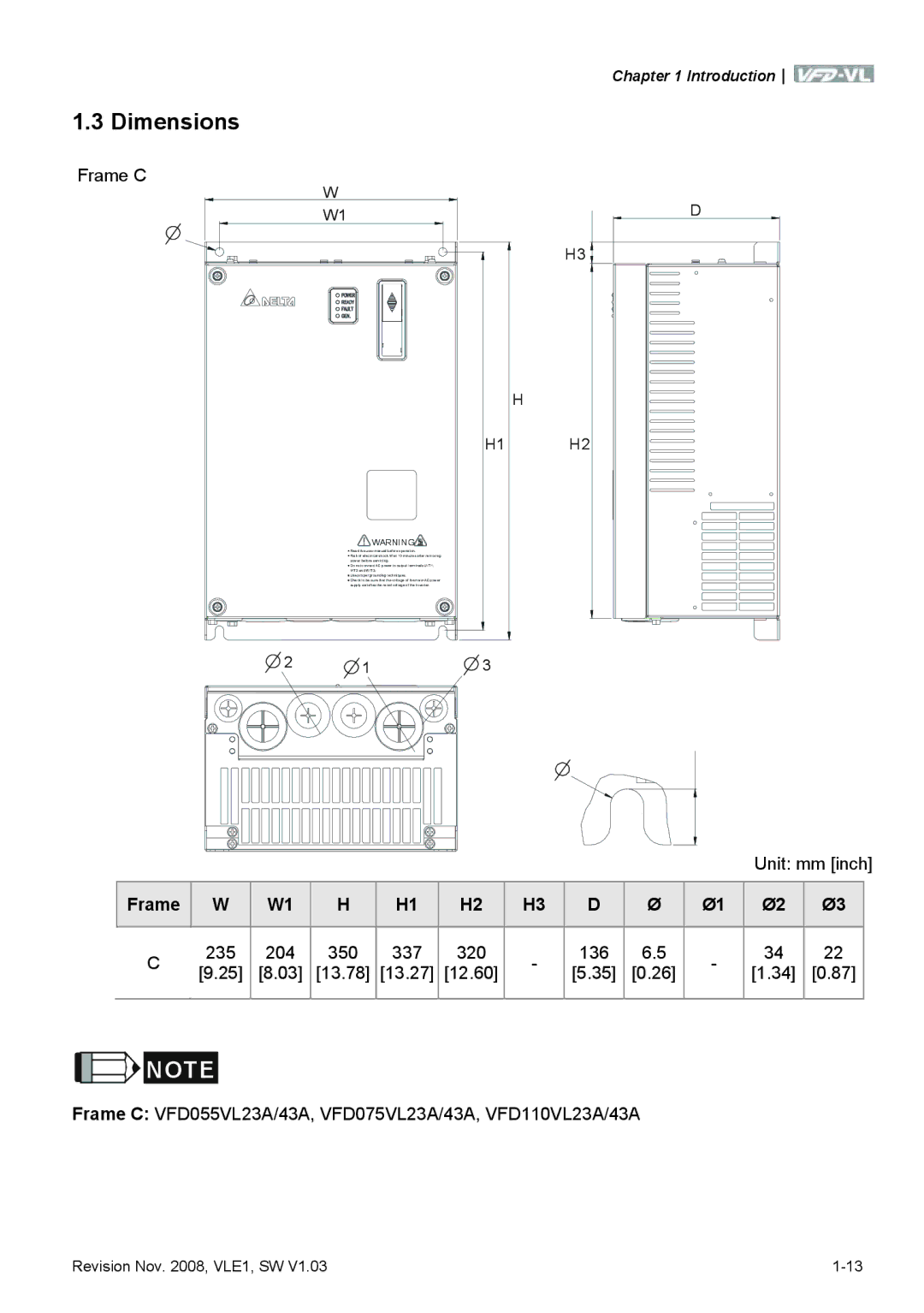 Delta Electronics VFD-VL manual Dimensions, Frame C, Unit mm inch 