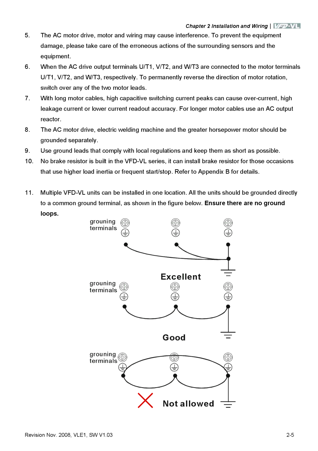 Delta Electronics VFD-VL manual Loops, Grouning terminals 