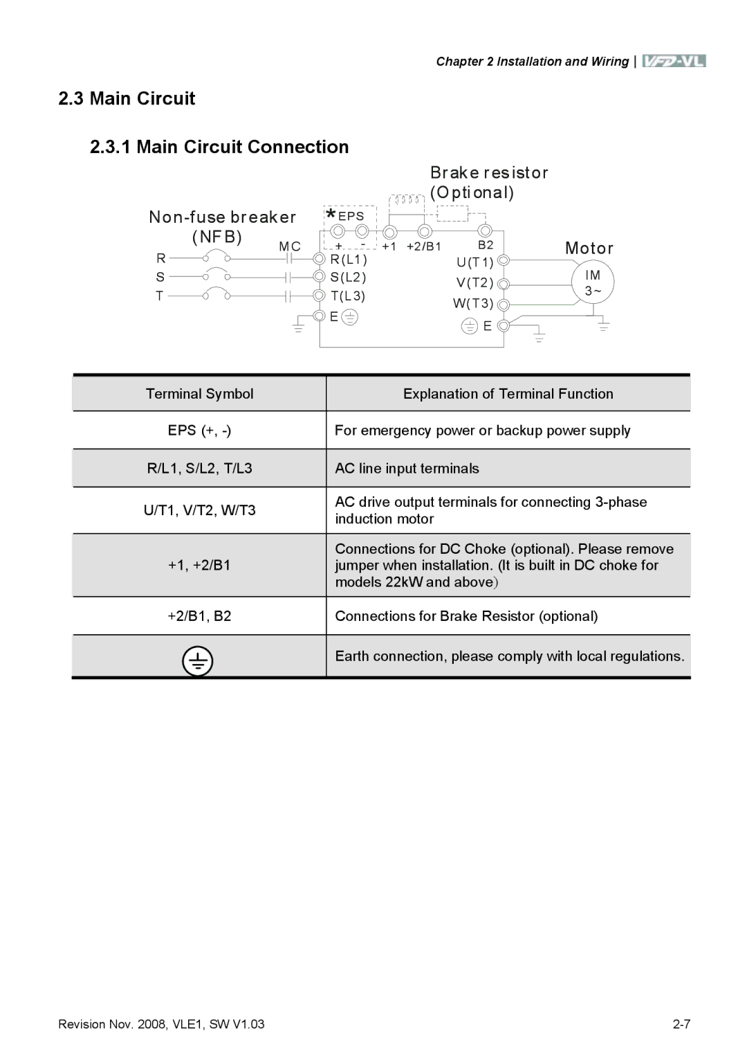 Delta Electronics VFD-VL manual Main Circuit Main Circuit Connection, Brak e res istor, Pti onal Non-fuse break er, Motor 