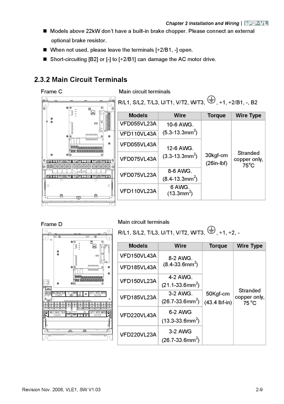 Delta Electronics VFD-VL manual Main Circuit Terminals, Models Wire Torque Wire Type 