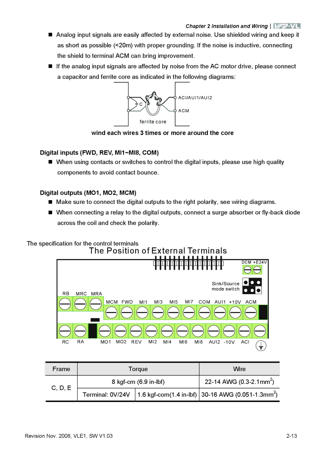 Delta Electronics VFD-VL manual Digital outputs MO1, MO2, MCM, Frame Torque Wire, AWG 0.3-2.1mm2 