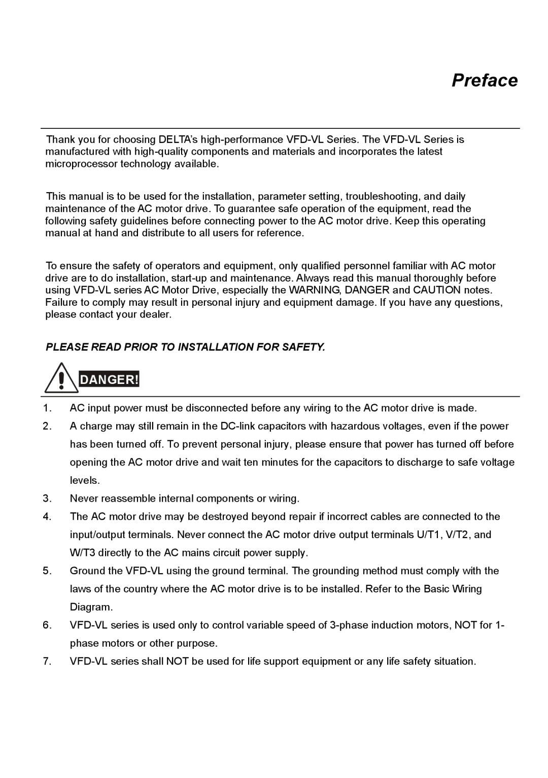 Delta Electronics VFD-VL manual Preface 