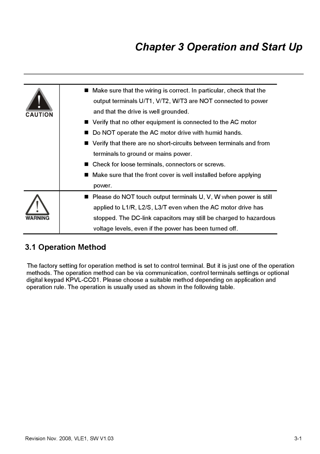 Delta Electronics VFD-VL manual Operation and Start Up, Operation Method 