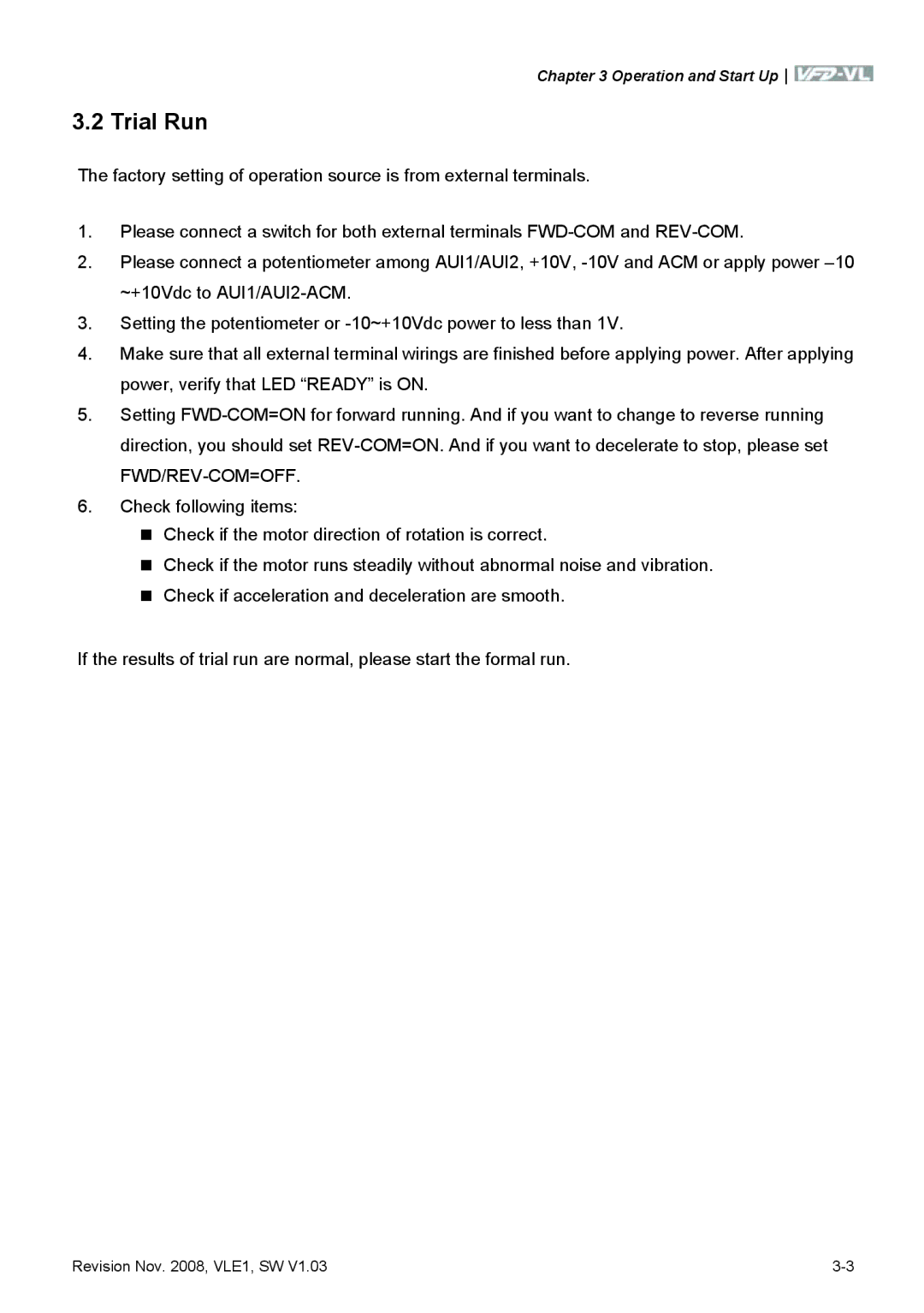 Delta Electronics VFD-VL manual Trial Run 