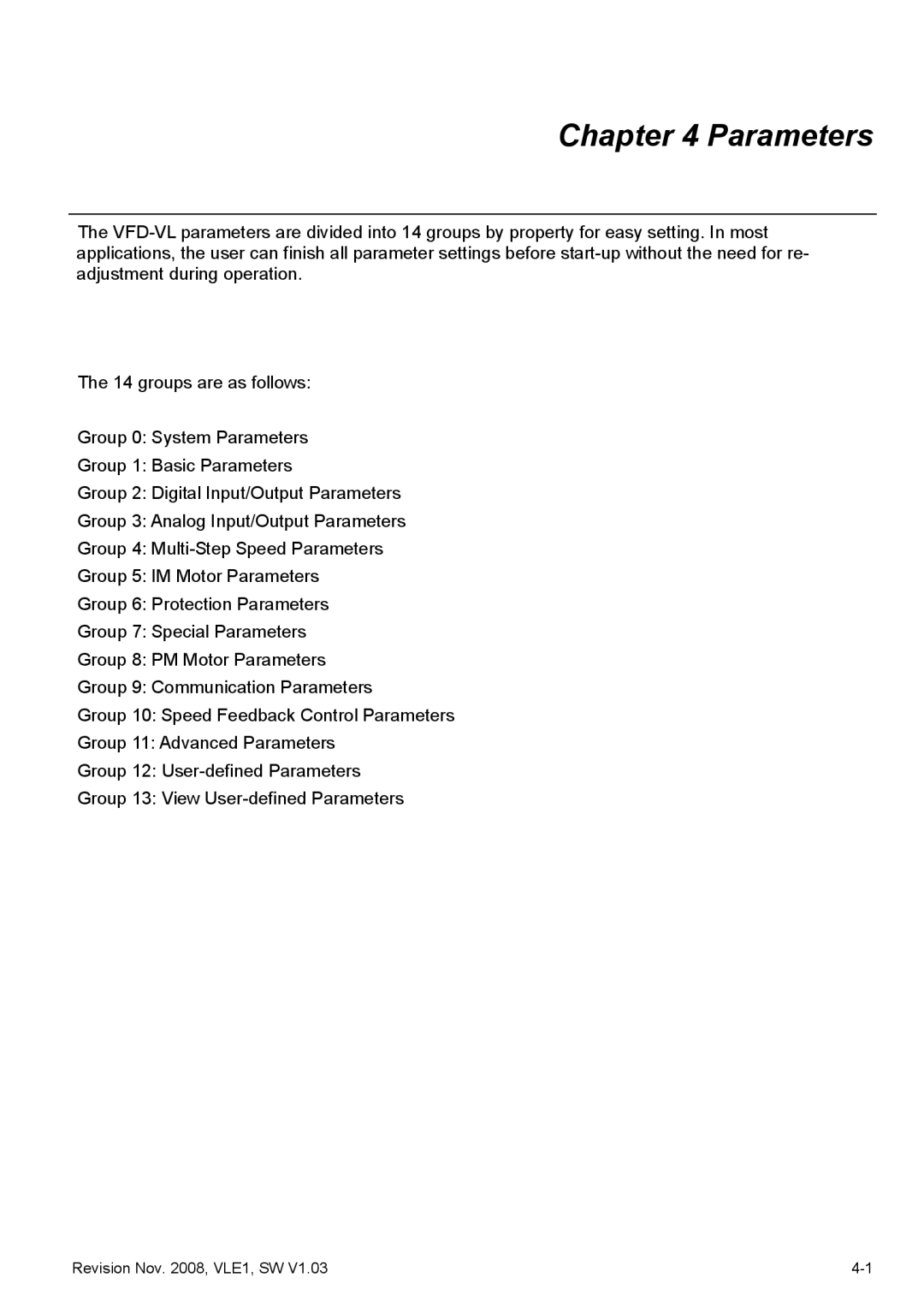 Delta Electronics VFD-VL manual Parameters 