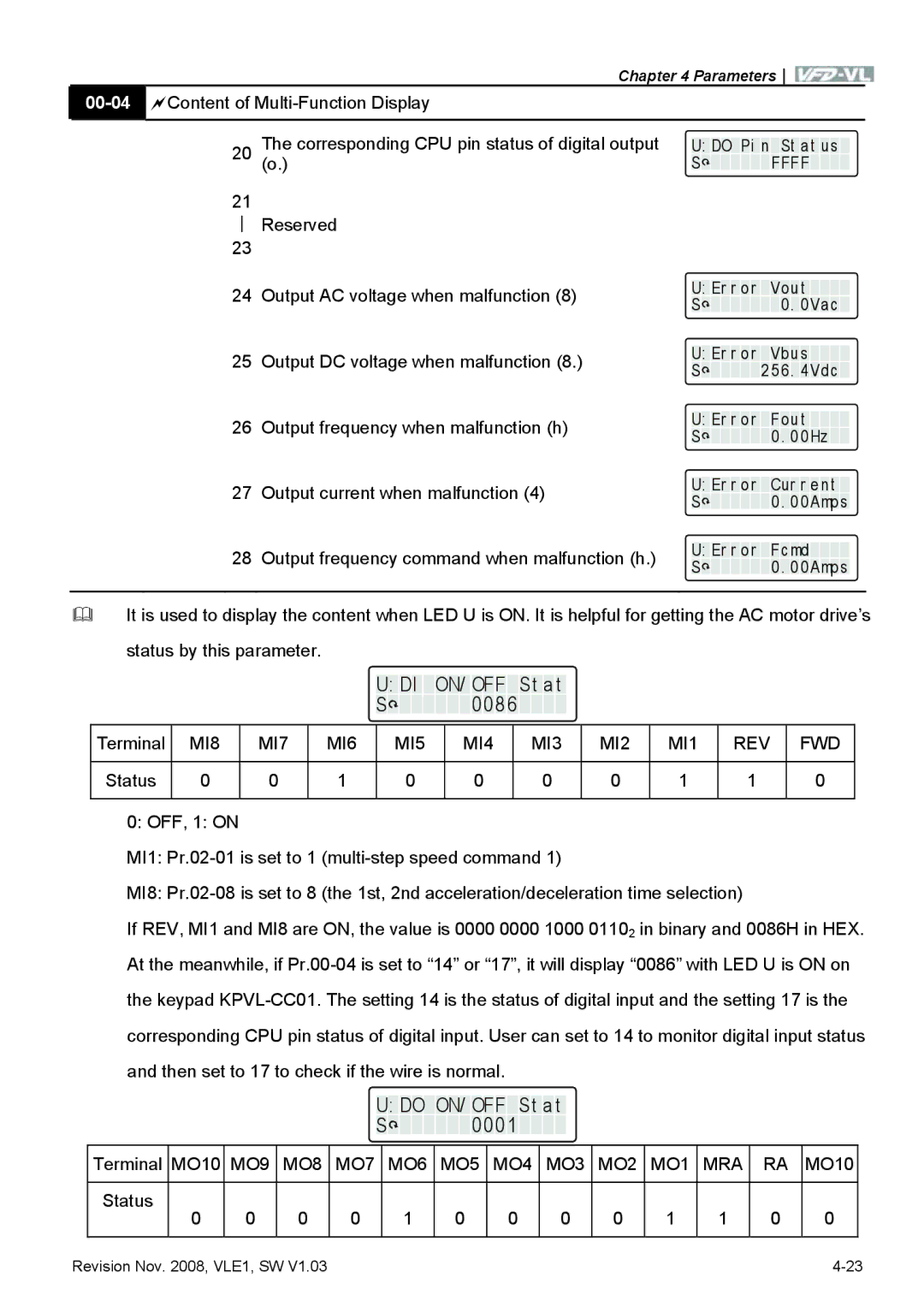 Delta Electronics VFD-VL manual DI EON/ OFFESt a t, DOEON/ OFFESt a t, Fff, MI8 MI7 MI6 MI5 MI4 MI3 MI2 MI1 REV FWD 