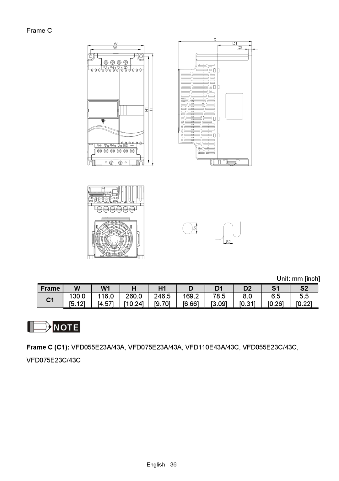 Delta Electronics VFD-XXXE quick start Frame C Unit mm inch 