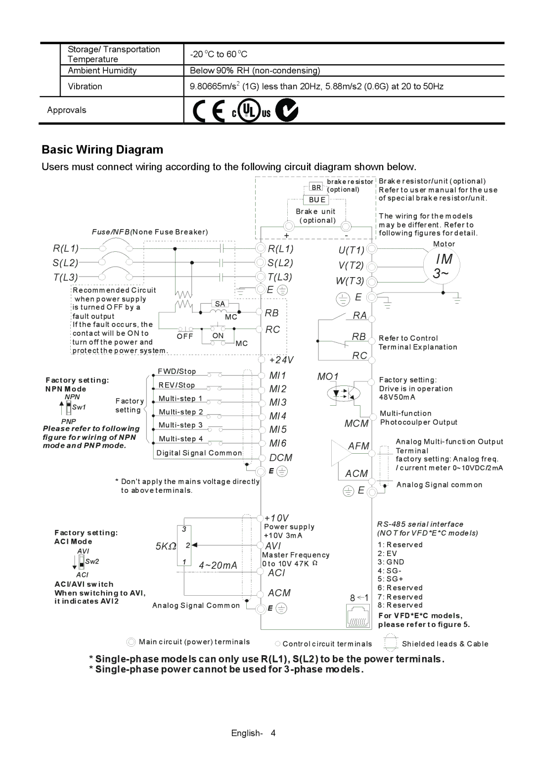 Delta Electronics VFD-XXXE quick start Basic Wiring Diagram, SL2 VT2 TL3 WT3 