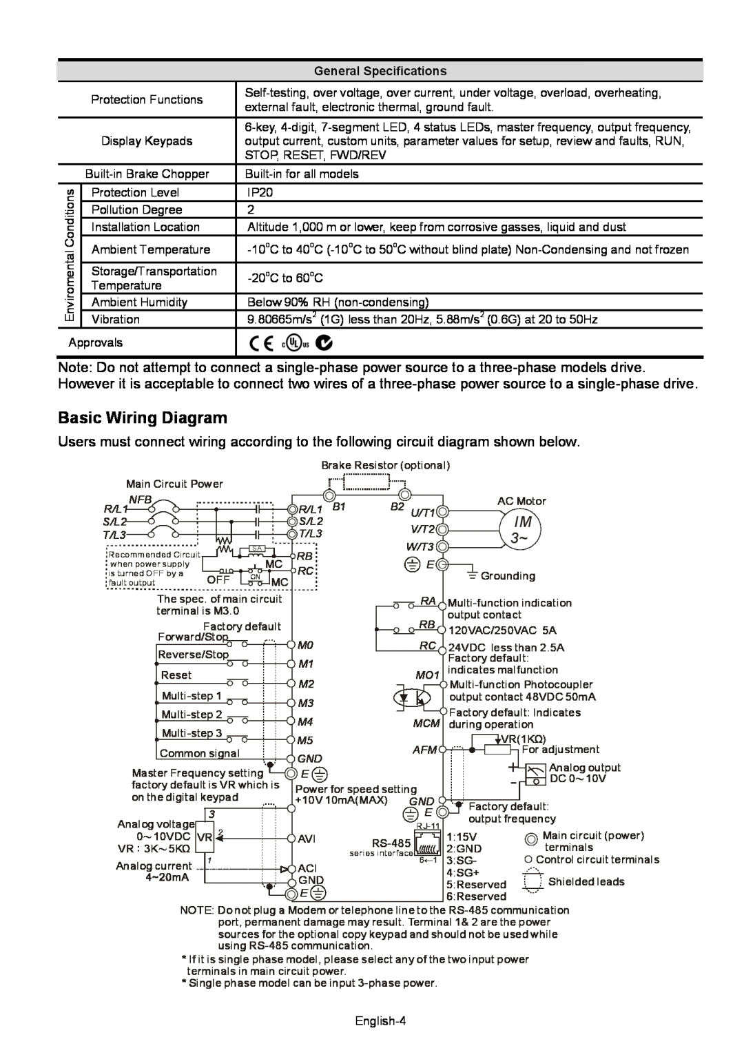 Delta Electronics VFD-XXXM quick start Basic Wiring Diagram, General Specifications 