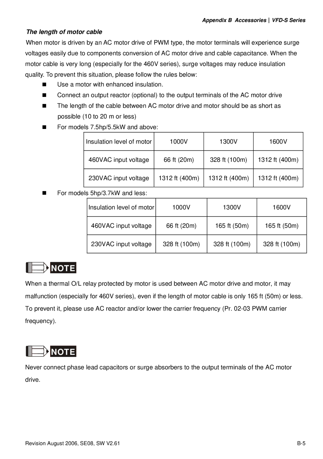 Delta Electronics VFD007S23A manual Length of motor cable 