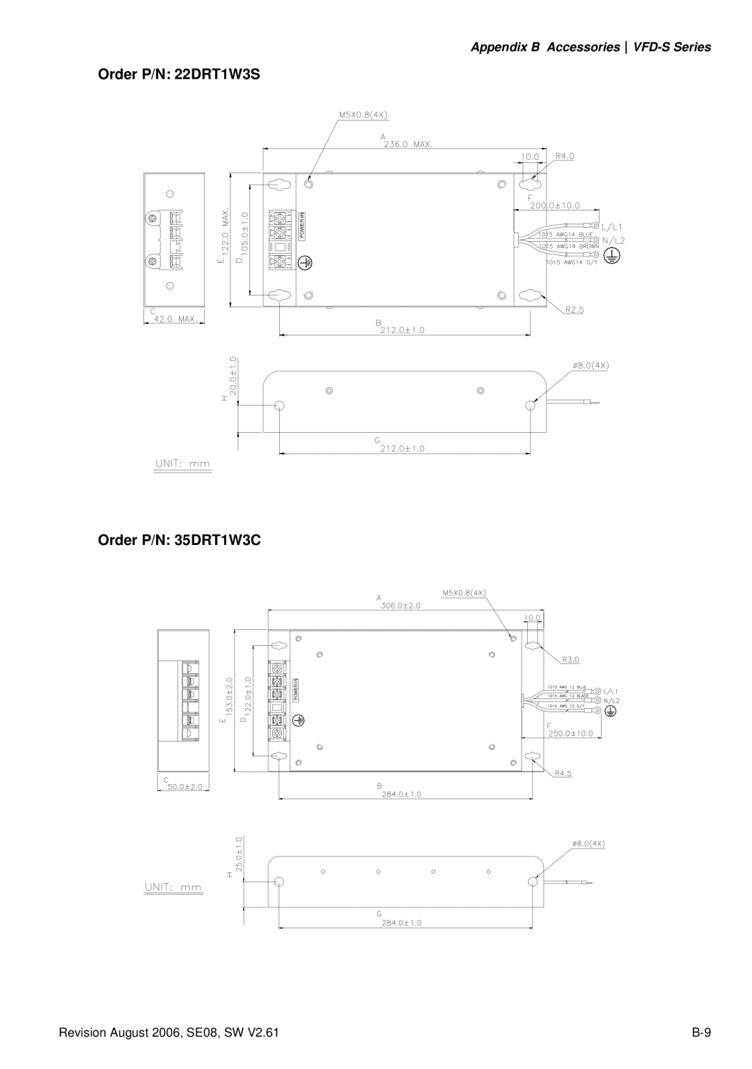 Delta Electronics VFD007S23A manual Order P/N 22DRT1W3S, Order P/N 35DRT1W3C 