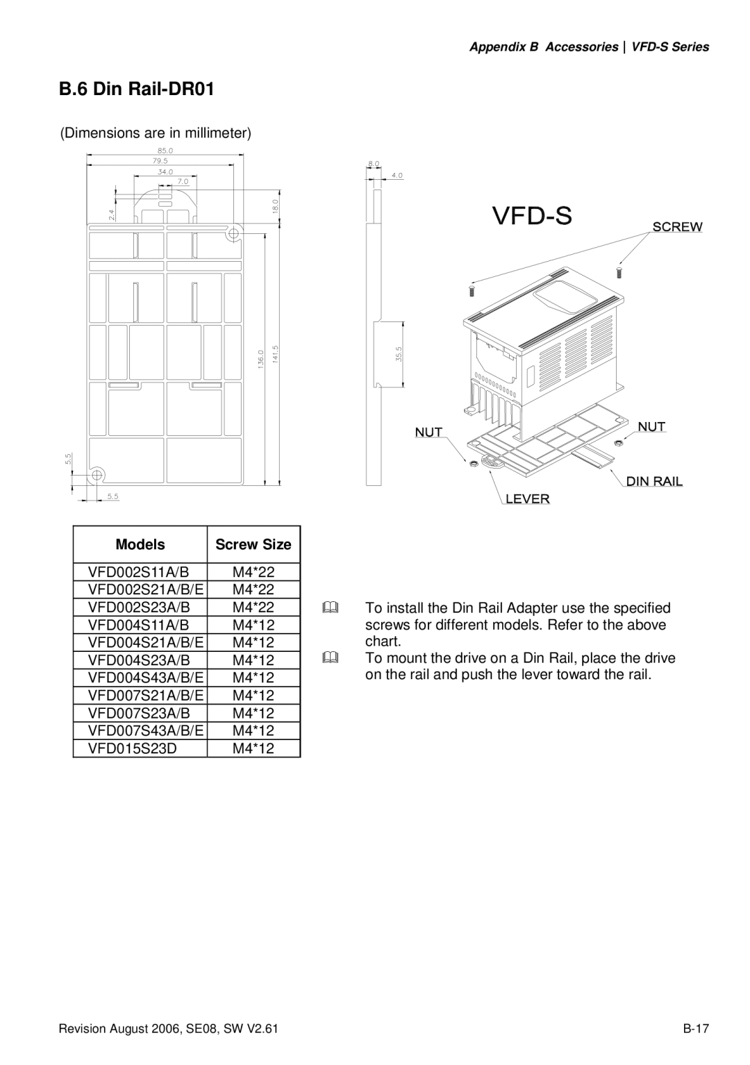 Delta Electronics VFD007S23A manual Din Rail-DR01, Models Screw Size 