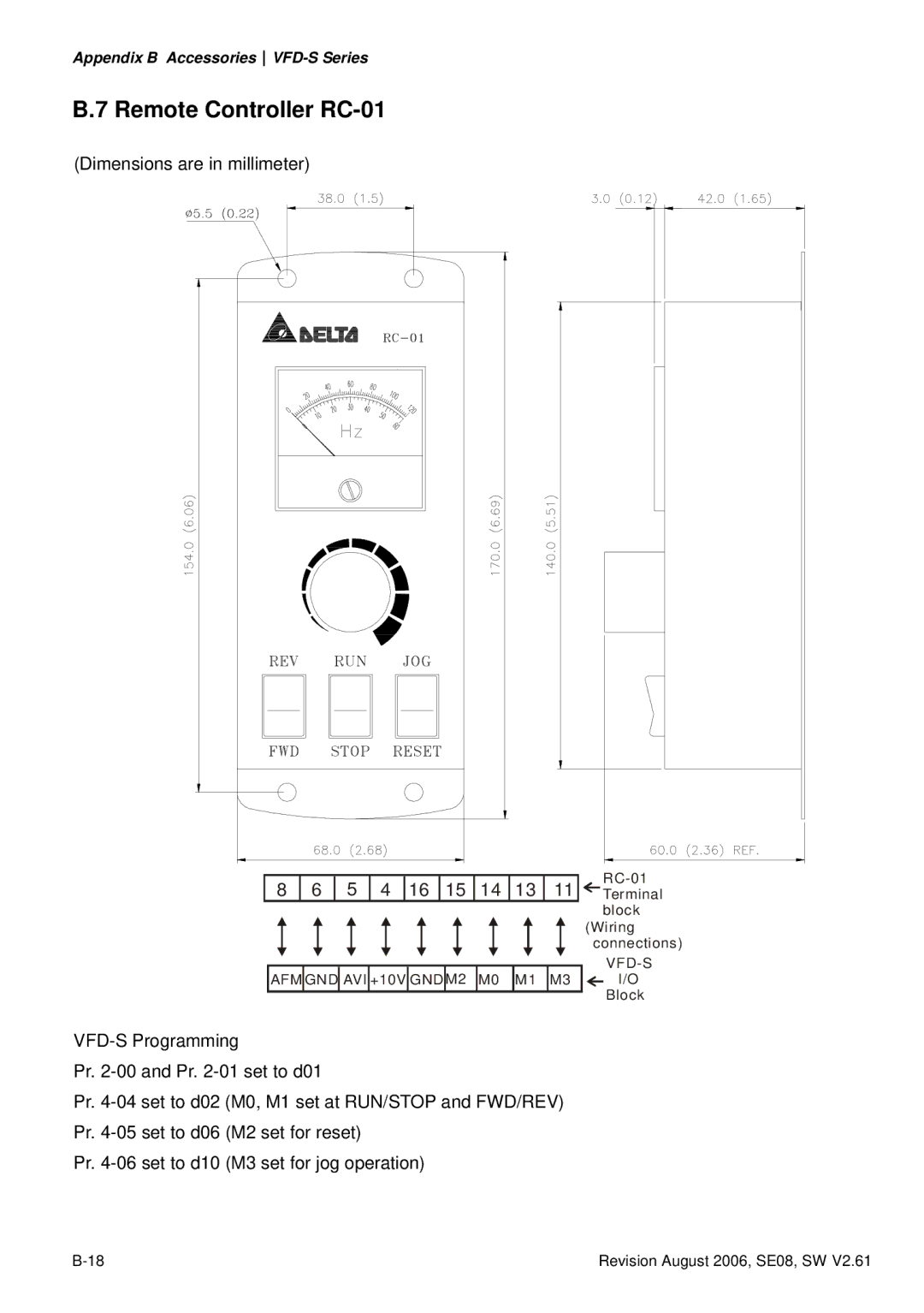 Delta Electronics VFD007S23A manual Remote Controller RC-01 