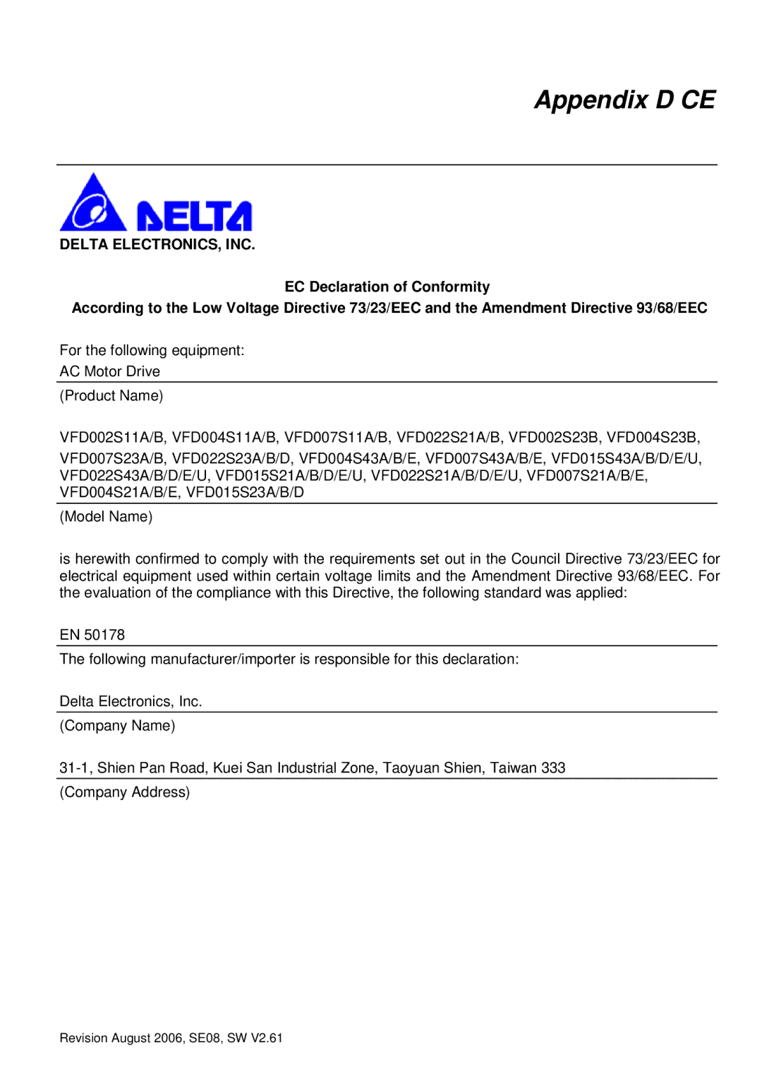 Delta Electronics VFD007S23A manual Appendix D CE, Delta ELECTRONICS, INC 