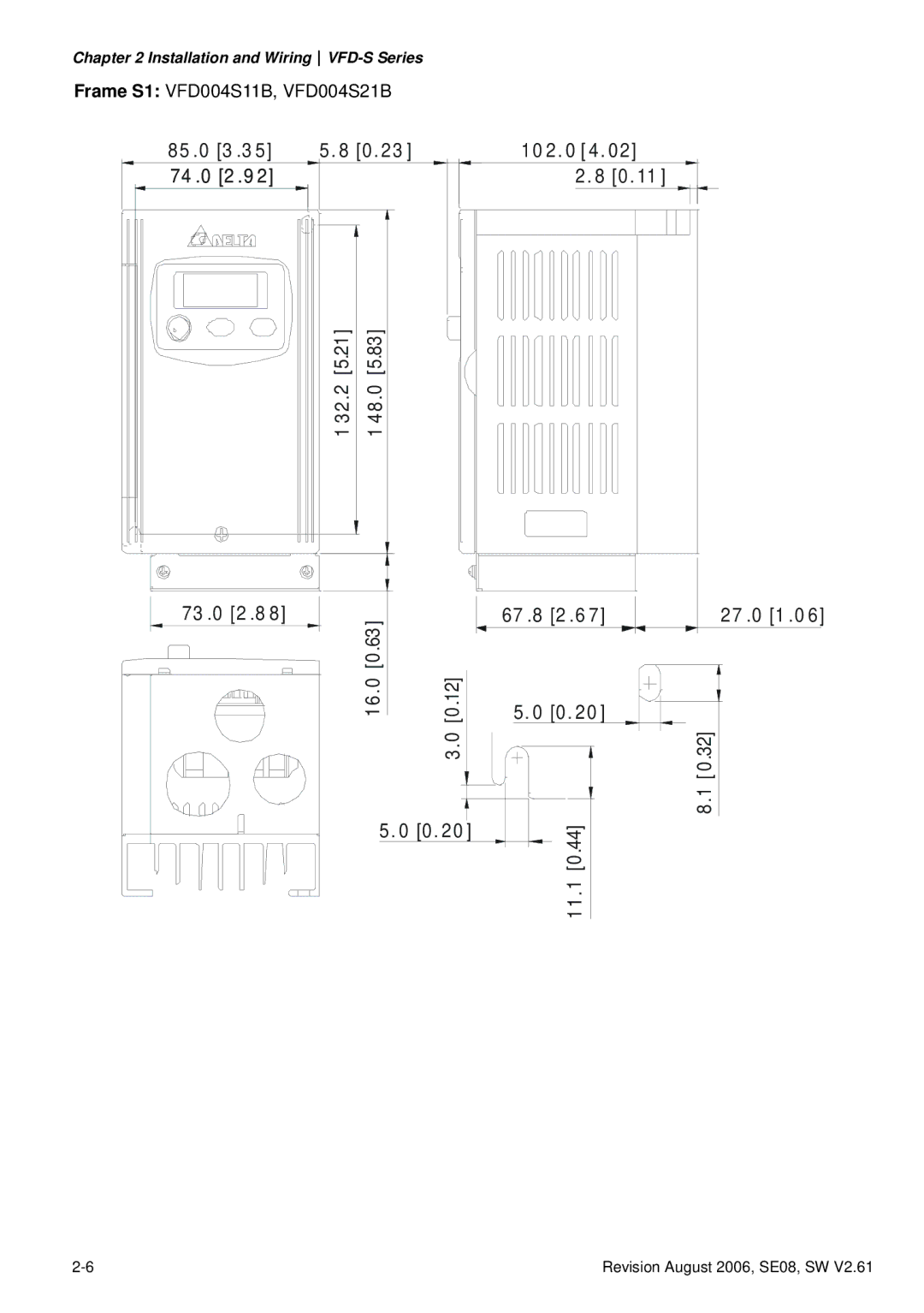 Delta Electronics VFD007S23A manual 85 .0 3 .3 10 2 4 74 .0 2 .9 