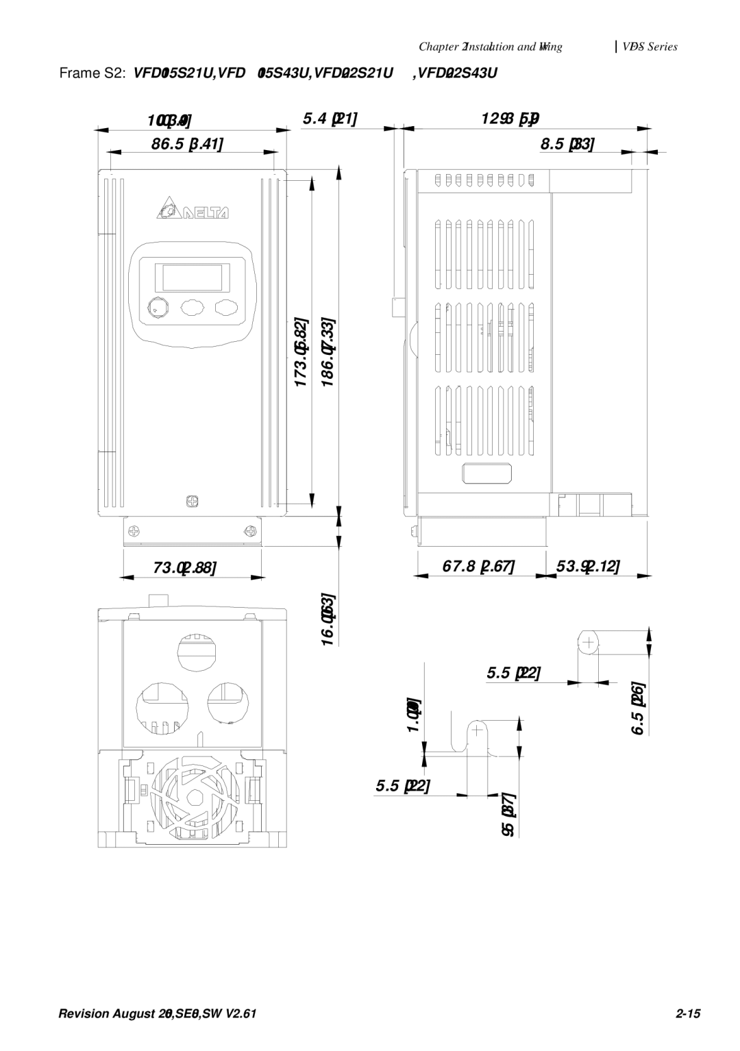 Delta Electronics VFD007S23A manual 100.0 86.5 173.0 186.0 129.3 16.0 