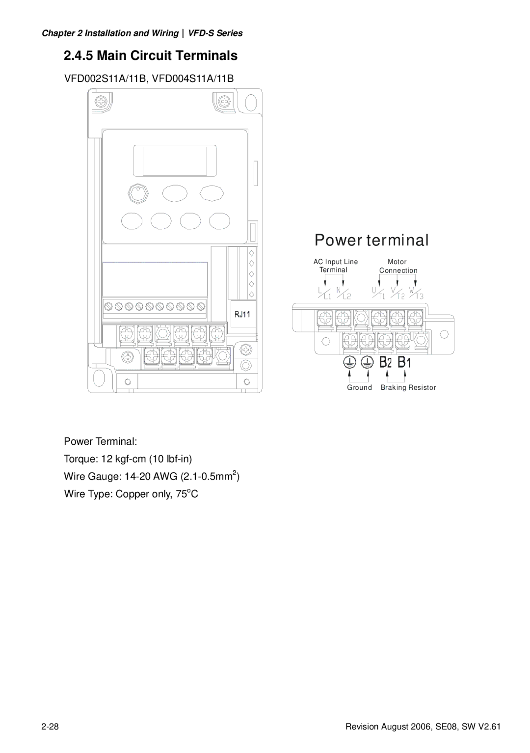 Delta Electronics VFD007S23A manual Power terminal, Main Circuit Terminals 