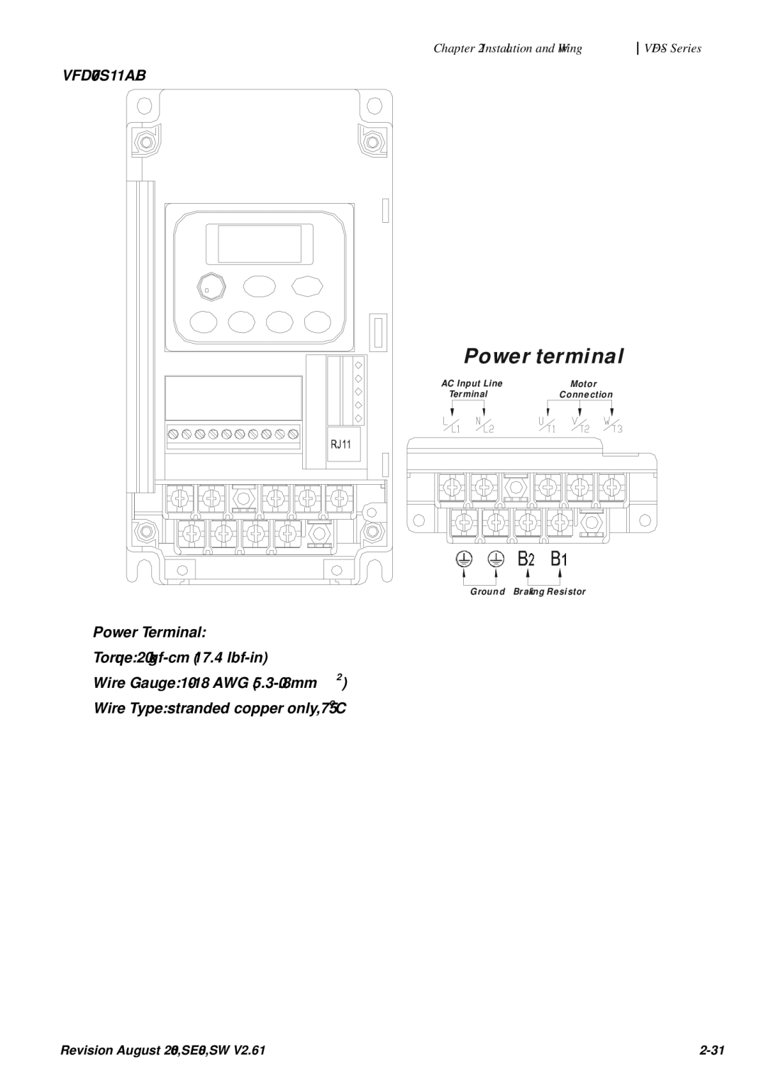 Delta Electronics VFD007S23A manual Power terminal 