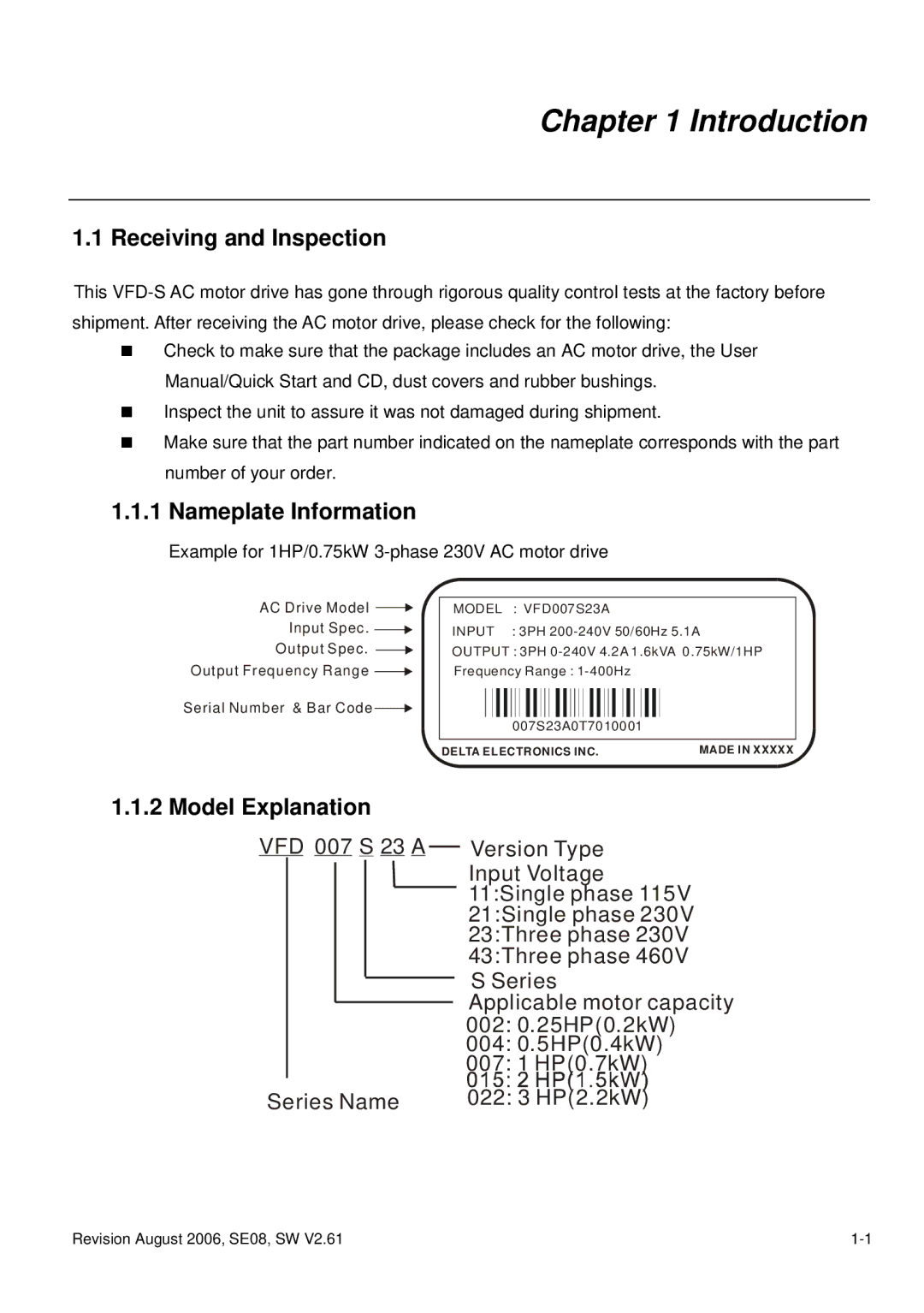 Delta Electronics VFD007S23A manual Introduction, Receiving and Inspection, Nameplate Information, Model Explanation 