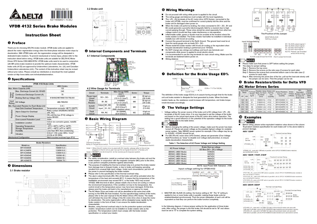 Delta Electronics VFDB 4132 Series specifications Preface, Basic Wiring Diagram Wiring Warnings, Voltage Settings 