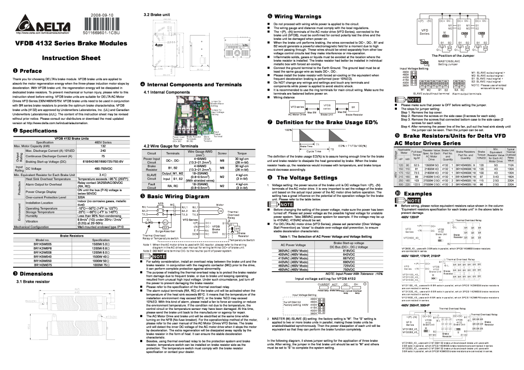Delta Electronics VFDB 4132 Series specifications VFDB 4132 Brake Units, Brake Resistors, 460V 120HP, 460V 250HP, 300HP 