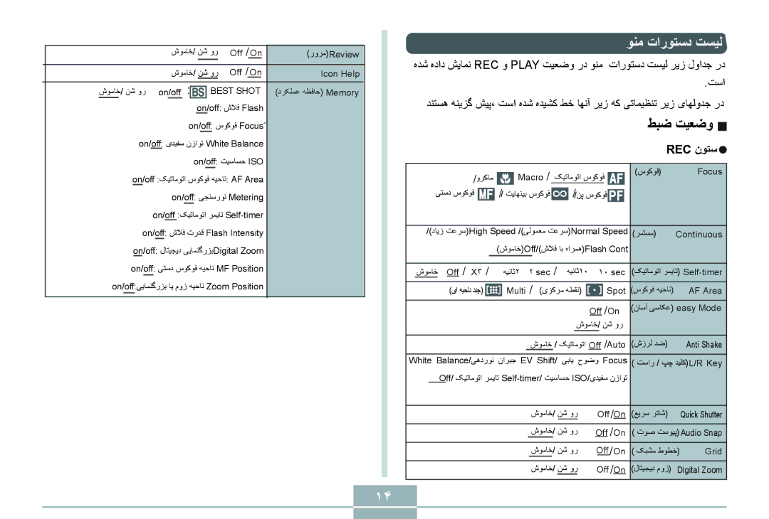 Delta EX-Z70 manual ﻮﻨﻣ ﺕﺍﺭﻮﺘﺳﺩ ﺖﺴﻴﻟ, ﻂﺒﺿ ﺖﻴﻌﺿﻭ, Rec ﻥﻮﺘﺳ, Off 