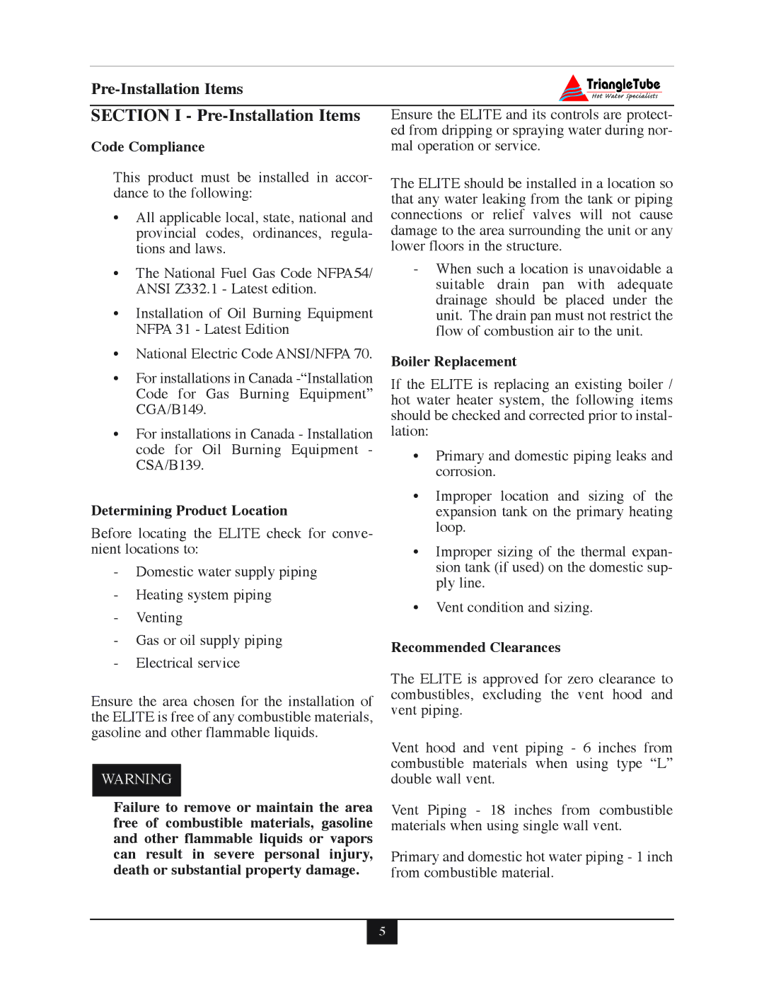 Delta F-25, 35, 30, 45 Section I Pre-Installation Items, Code Compliance, Determining Product Location, Boiler Replacement 