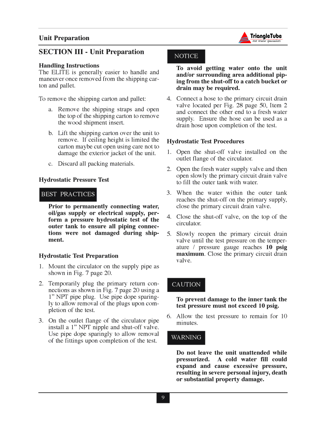 Delta 40, F-25 Section III Unit Preparation, Handling Instructions, Hydrostatic Pressure Test, Hydrostatic Test Procedures 