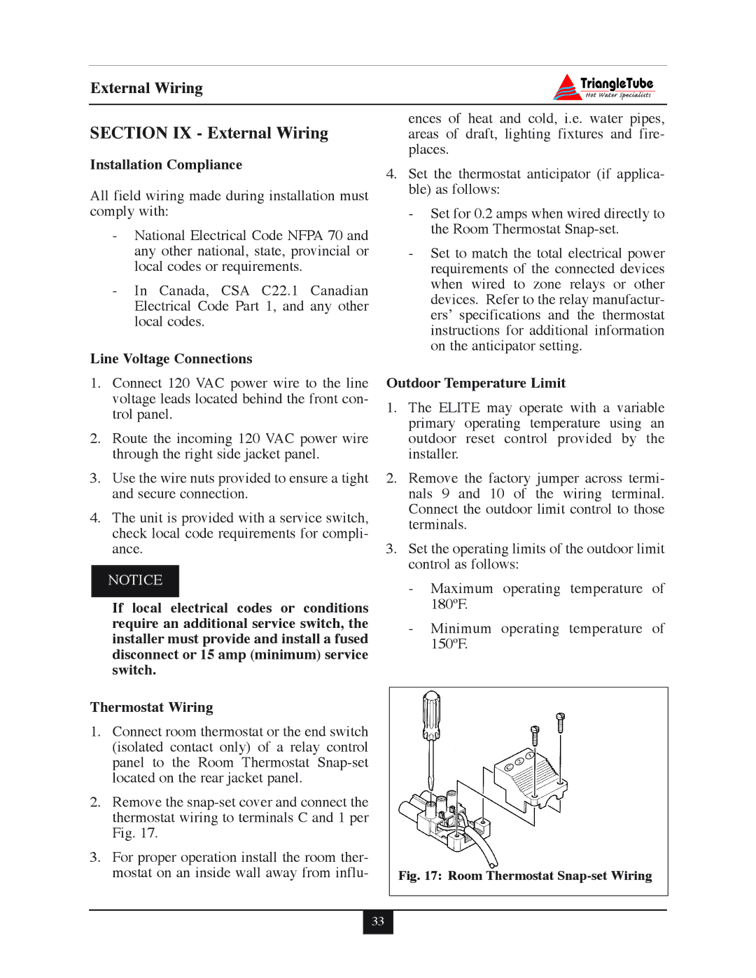 Delta 45, F-25, 35 Section IX External Wiring, Installation Compliance, Line Voltage Connections, Outdoor Temperature Limit 