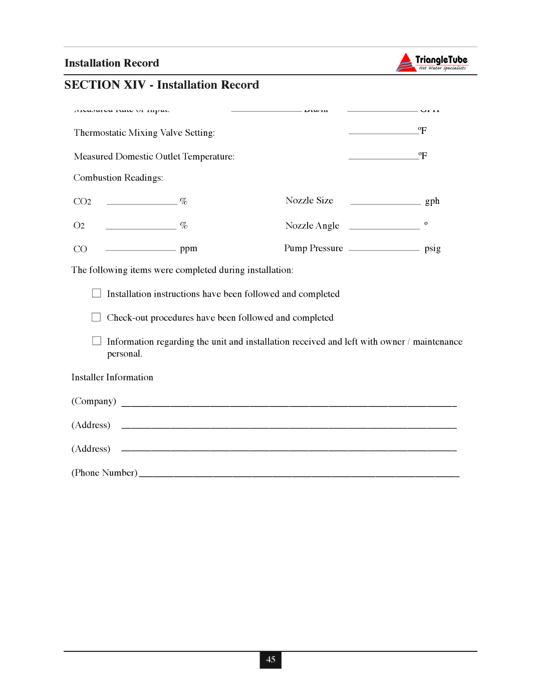 Delta F-25, 35, 30, 45, 40 warranty Section XIV Installation Record 