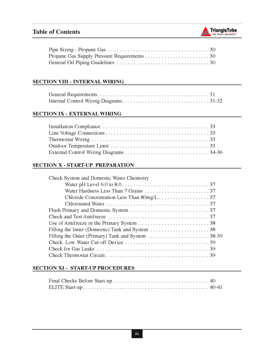 Delta 40 Table of Contents, Section Viii - Internal Wiring, Section Ix - External Wiring, Section X - Start-Uppreparation 