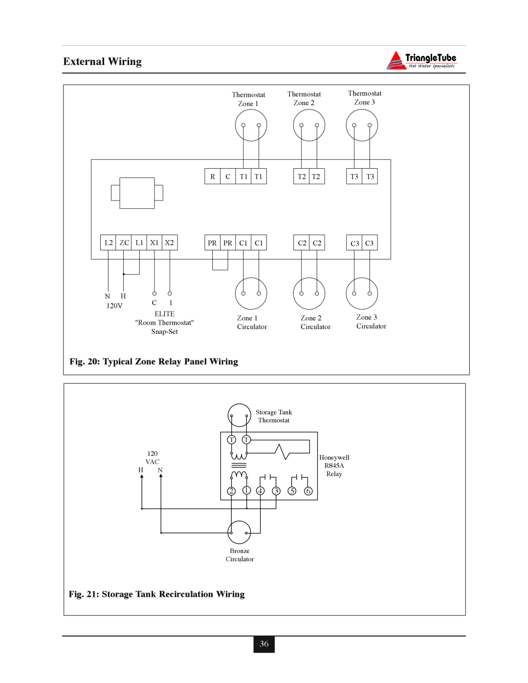 Delta 35, F-25, 30, 45, 40 warranty External Wiring, Typical Zone Relay Panel Wiring, Storage Tank Recirculation Wiring 