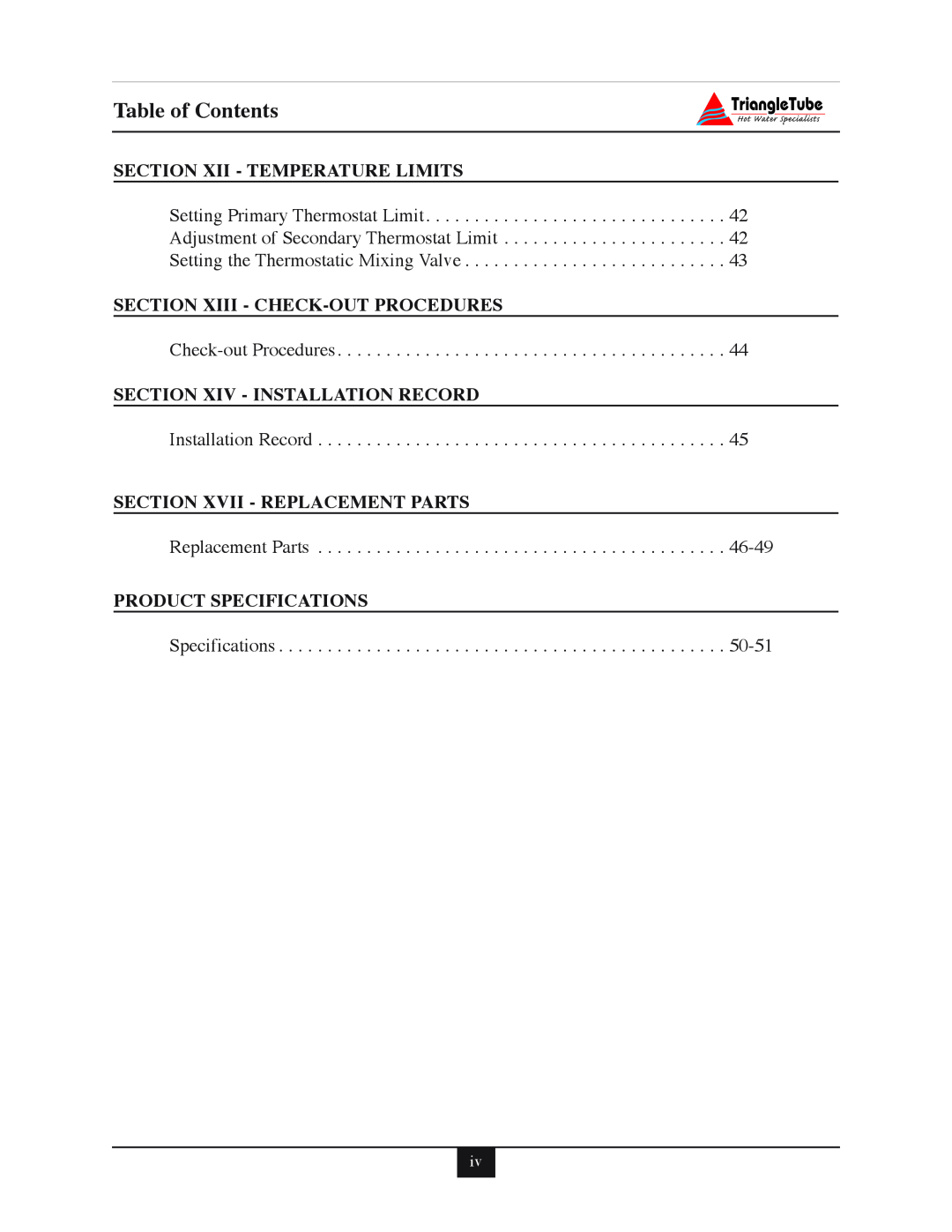 Delta F-25 Table of Contents, Section Xii - Temperature Limits, Section Xiii - Check-Outprocedures, Product Specifications 