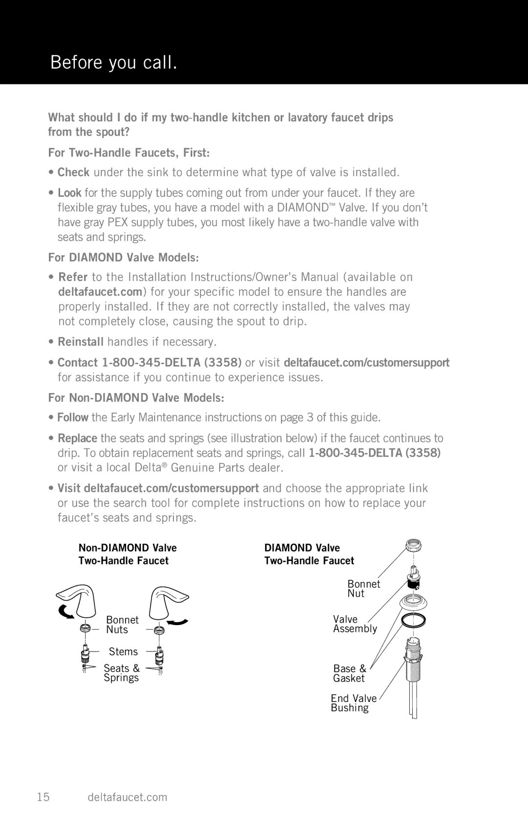 Delta Faucet 3597LF-RBMPU, 15984LF-OB manual For Non-DIAMOND Valve Models, Non-DIAMOND Valve Diamond Valve Two-Handle Faucet 