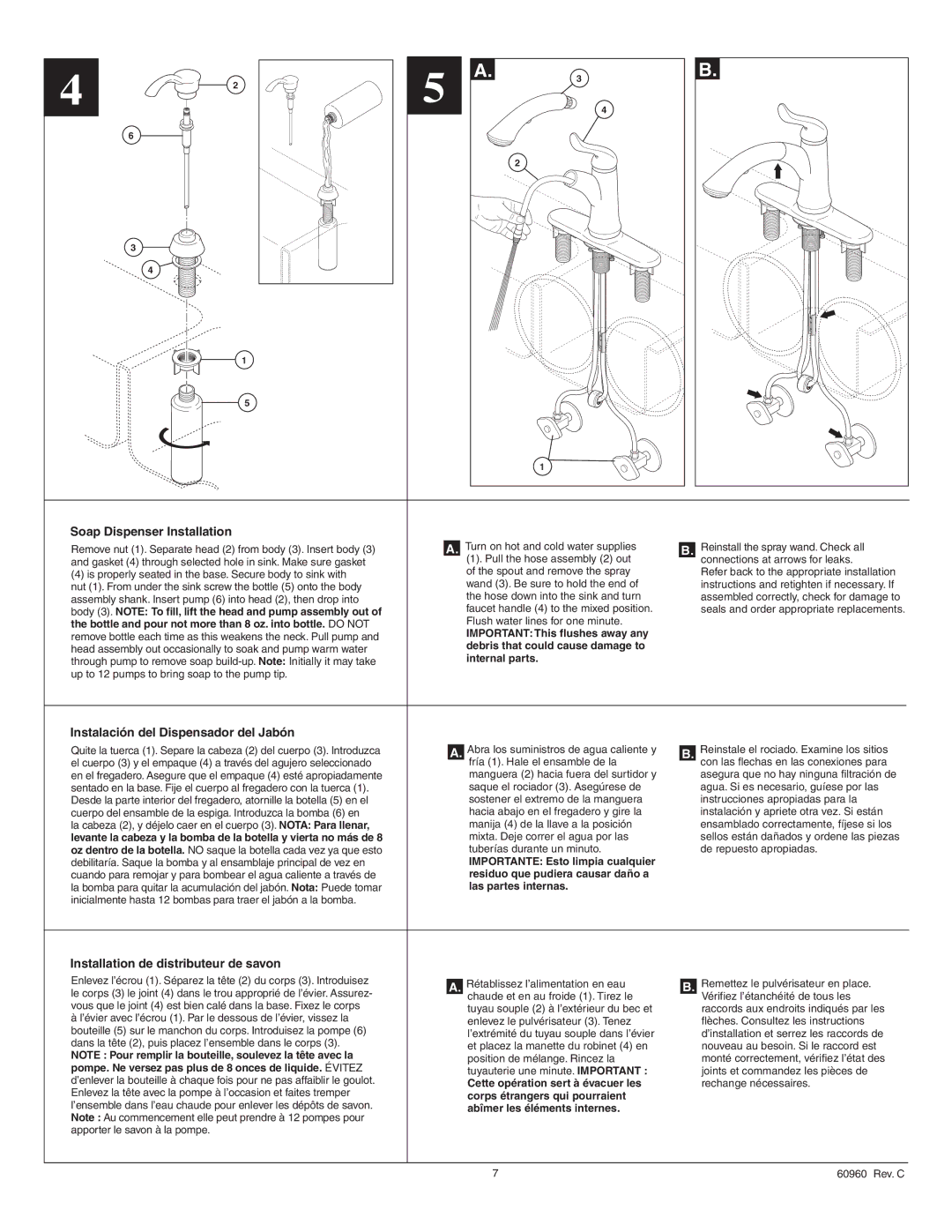 Delta Faucet 4353-DST manual Body 3. Note To fill, lift the head and pump assembly out, Internal parts, Las partes internas 