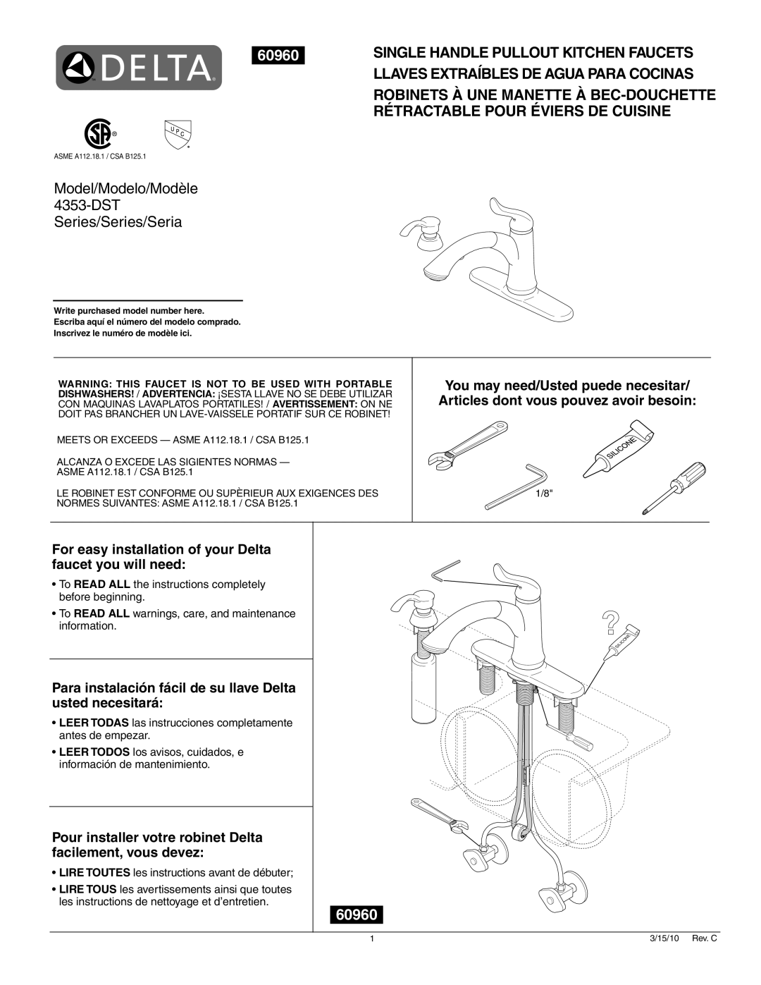 Delta Faucet 4353-DST, 4353-SD-DST manual 60960, Warning This Faucet Is Not To Be Used With Portable 