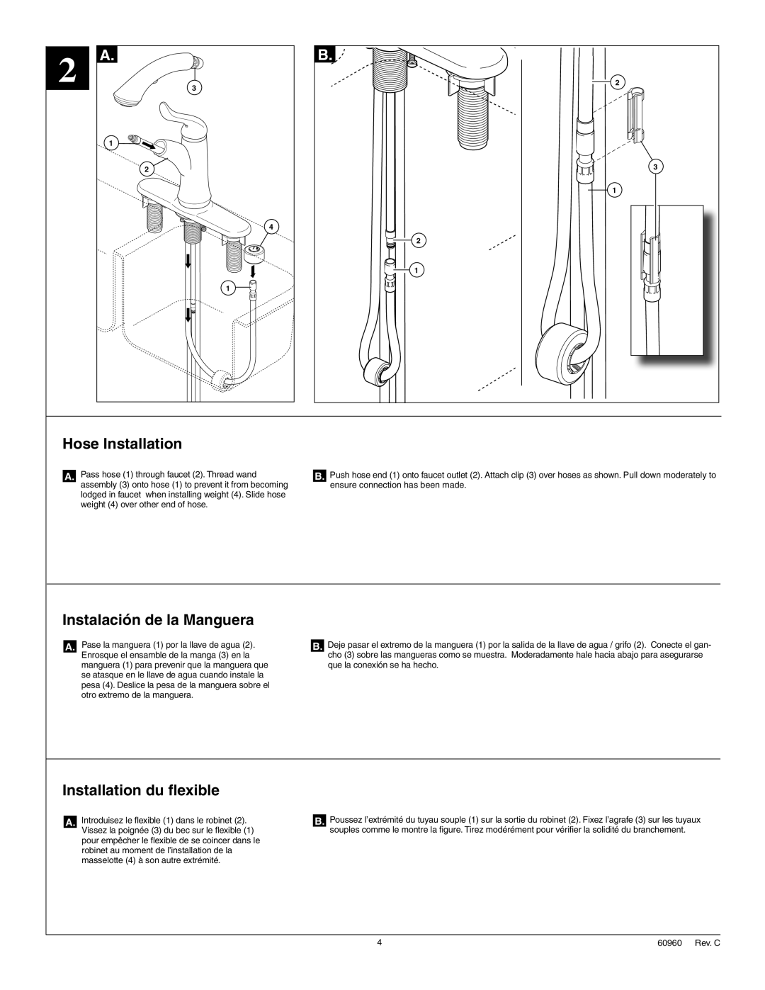 Delta Faucet 4353-SD-DST, 4353-DST manual Hose Installation, Instalación de la Manguera, Installation du flexible 