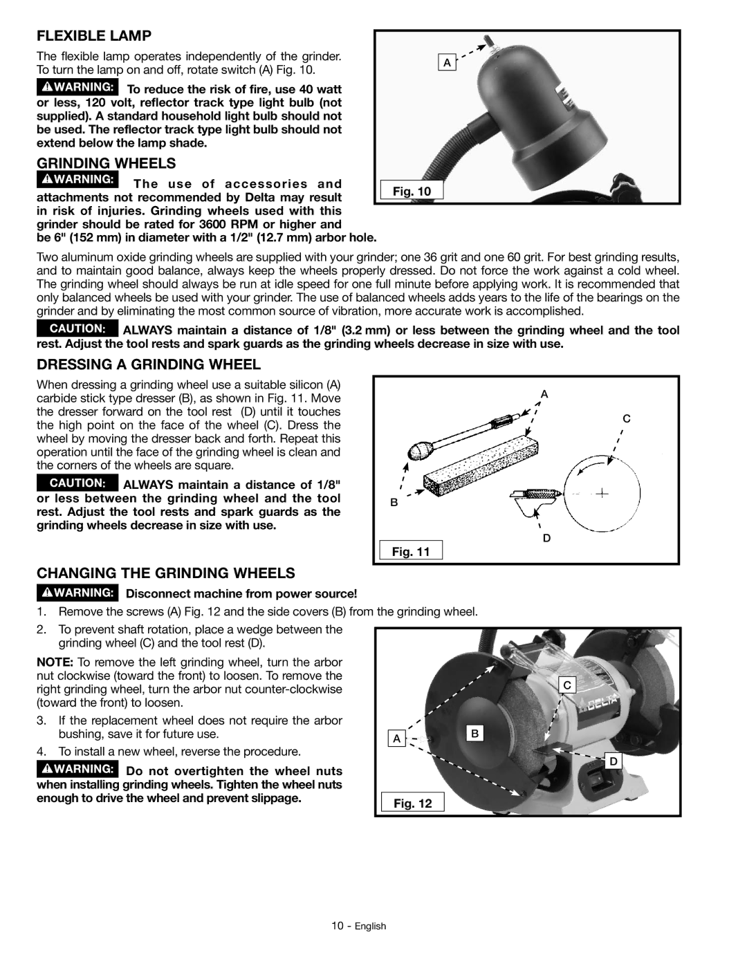 Delta GR150 instruction manual Flexible Lamp, Dressing a Grinding Wheel, Changing the Grinding Wheels 