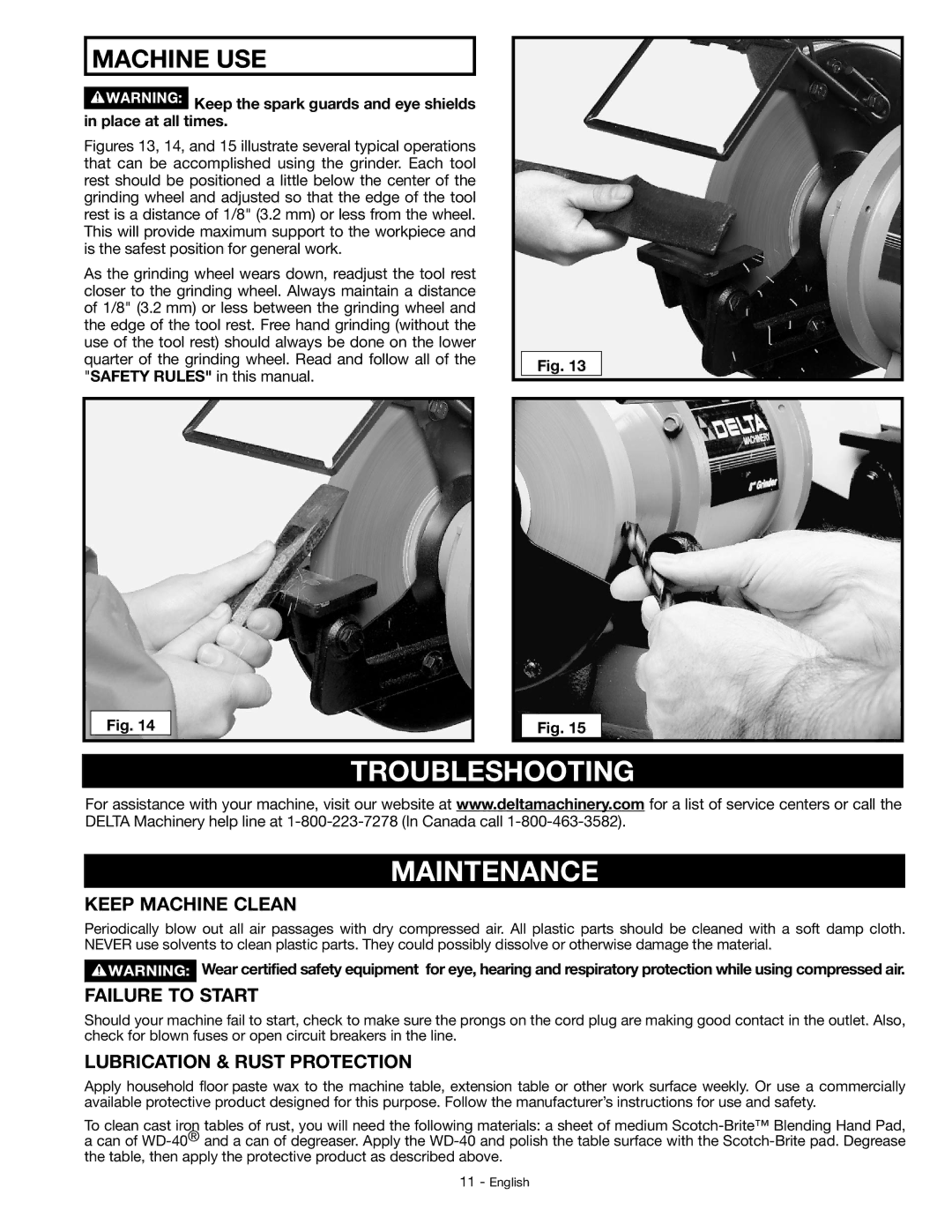 Delta GR150 Troubleshooting Maintenance, Keep Machine Clean, Failure to Start, Lubrication & Rust Protection 