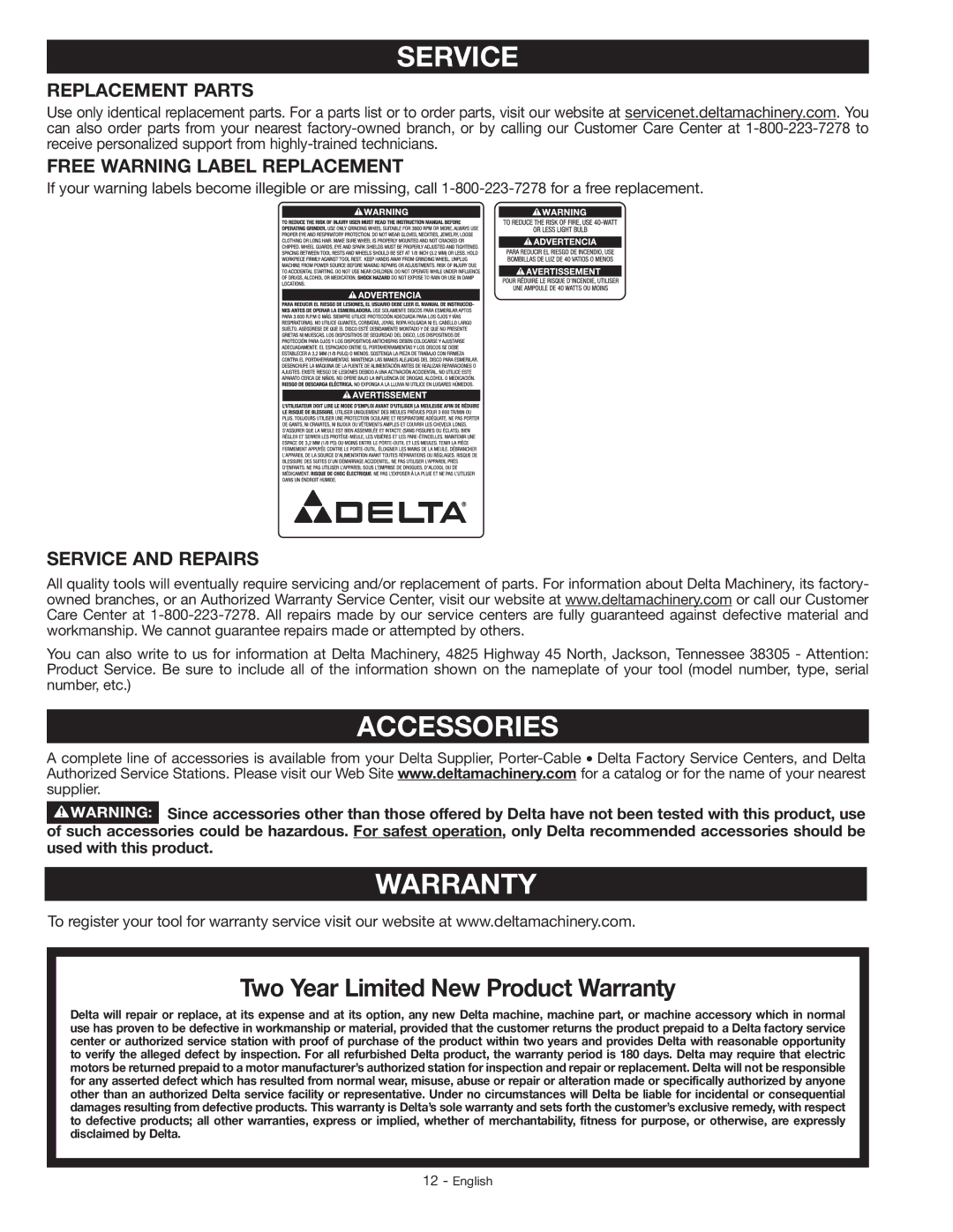 Delta GR150 instruction manual Service, Accessories, Warranty 