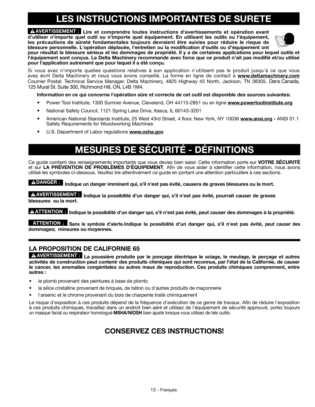 Delta GR150 LES Instructions Importantes DE Surete, Mesures DE Sécurité Définitions, LA Proposition DE Californie 