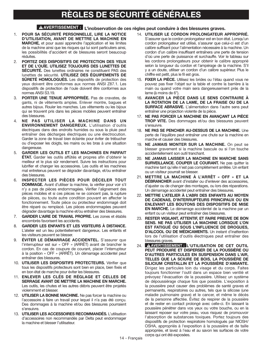 Delta GR150 instruction manual Règles DE Sécurité Générales, ET DE LOUÏE. Utilisez Toujours DES Lunettes DE 