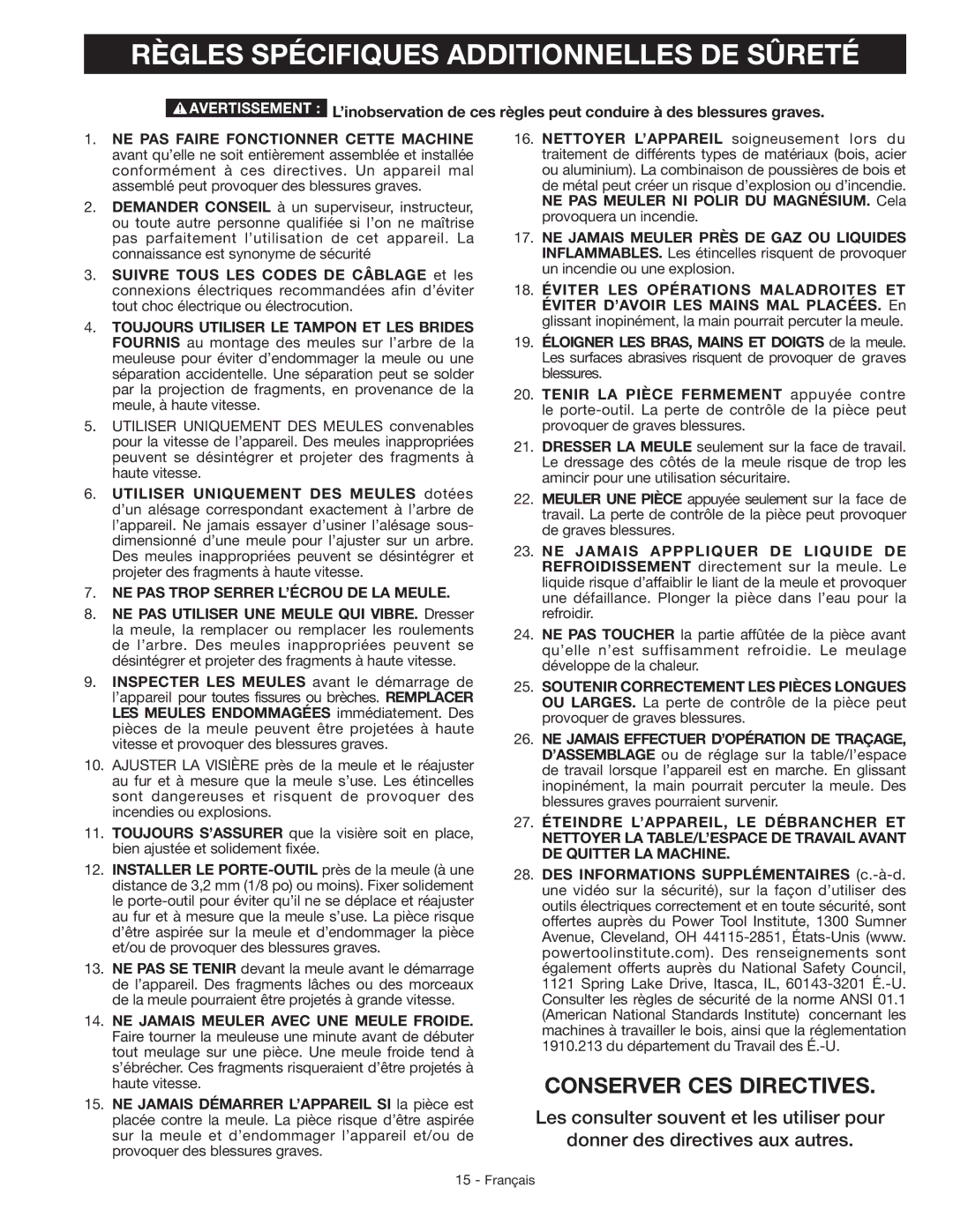 Delta GR150 instruction manual Règles Spécifiques Additionnelles DE Sûreté, NE PAS Trop Serrer L’ÉCROU DE LA Meule 